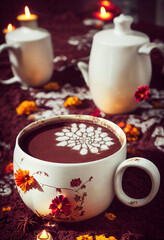 Champurrado. Chocolate. Traditional Mexican Chocolat. Cup of hot chocolate. Bebida tradicional mexicana Champurrado. Day of the dead celebration and lots of marigolds