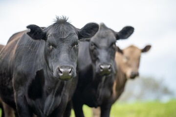 agriculture field,  beef cows in a field.  wagyu cattle herd grazing on pasture on a farm. fat cow