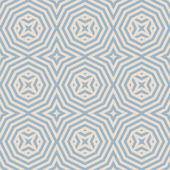 Vector geometric line seamless pattern. Abstract background in soft blue and beige color. Retro vintage style graphic texture with stripes, lines, stars,  repeat tiles. Elegant design for decor, print