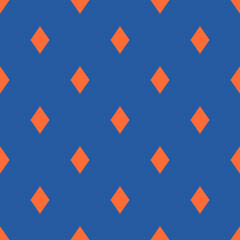 Simple vector minimalist seamless pattern with small diamonds, rhombuses. Retro vintage style background. Abstract geometric texture in bright colors, neon blue and orange. Trendy repeat geo design