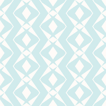 Vector seamless pattern. Simple ornamental background, repeat geometric tiles, diamonds, stripes, zigzag lines. Abstract minimal light blue and white ornament texture. Design for decor, fabric, print