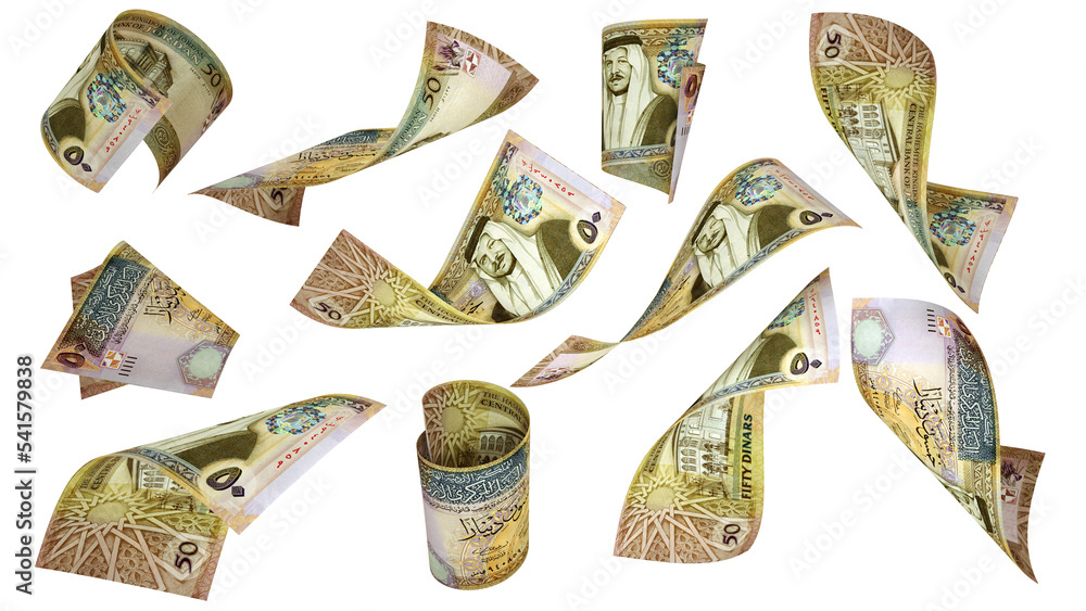 Poster 3d rendering of jordanian dinar notes flying in different angles and orientations isolated on white 
