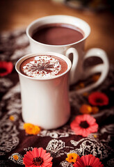 Champurrado. Chocolate. Traditional Mexican Chocolat. Cup of hot chocolate. Bebida tradicional mexicana Champurrado. Day of the dead celebration and lots of marigolds