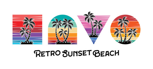 Set of retro sunsets in the style of the 80s and 90s. Abstract background with a sunny gradient. Silhouettes of palm trees. Vector design template for logo, badges. Isolated white background.