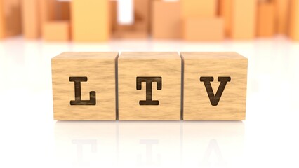 Word LTV chiselled on wooden cubes reflected on the shiny table. Business concept. In the back are wooden cuboids in many different shapes. (3D rendering)