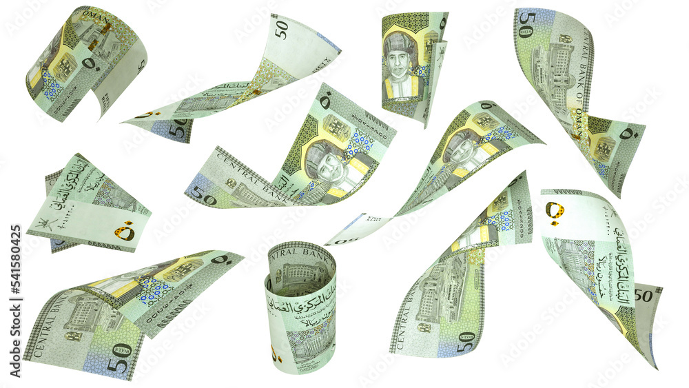 Aufkleber 3D rendering of Omani rial notes flying in different angles and orientations isolated on white background
