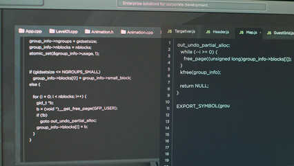 Monitor of software developer typing programming language and html script text of web app. Computer...