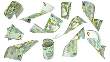 3D rendering of Omani rial notes flying in different angles and orientations isolated on white background