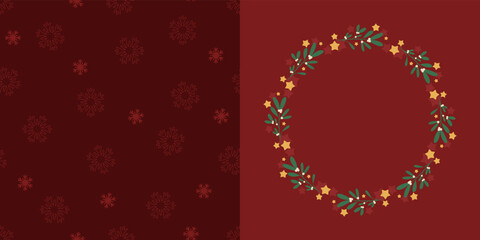 Świąteczna ramka z gałązkami jemioły, jagodami i złotymi gwiazdkami. Okrągła ramka oraz czerwone tło w płatki śniegu do projektów na Boże Narodzenie i Nowy Rok. Dekoracyjne świąteczne elementy. - obrazy, fototapety, plakaty