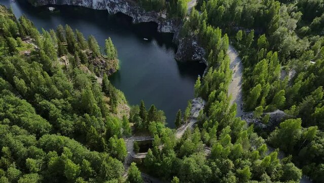 AERIAL A flooded marble quarry in the Ruskeala mountain park. Karelia