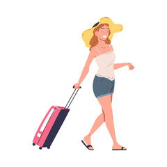 Woman Character in Hat with Suitcase Going on Summer Vacation Having Journey Vector Illustration