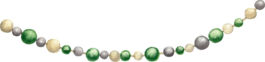 Watercolor christmas garland. Green and yellow ornament. Beads illustration