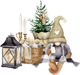 Watercolor christmas farChristmas tree, gnome, vintage lantern, firewood basket and candles. Watercolor illustration. Farmhouse style. Winter scene. Black, white and beige colormhouse illustration