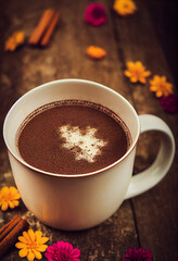 Champurrado. Chocolate. Traditional Mexican Chocolat. Cup of hot chocolate. Bebida tradicional mexicana Champurrado. Day of the dead celebration and lots of marigolds