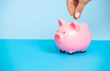 Person puts money in a pink piggy bank on a blue background.Women's hands put coins in a money box.Piggy bank with stacks of coins.The concept of investment in the future, savings, financial planning.