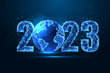 Fototapeta Futuristic 2023 New Year digital web banner with glowing 2023 digits and planet Earth globe on blue obraz