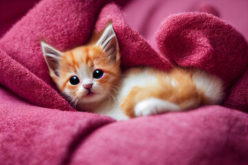 a small ginger cute kitten is lying on a pink blanket