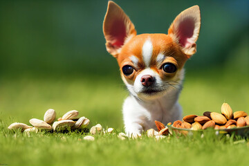 cute little chihuahua is lying on the grass