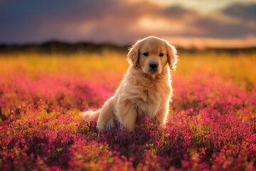 Golden Retriever puppy sits in a colorful meadow