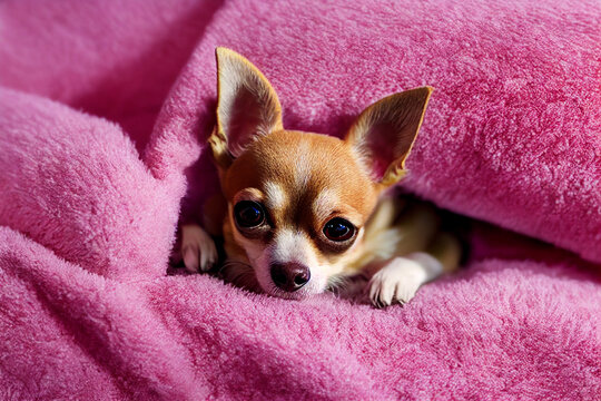 Cute Chihuahua puppy lying on a pink blanket