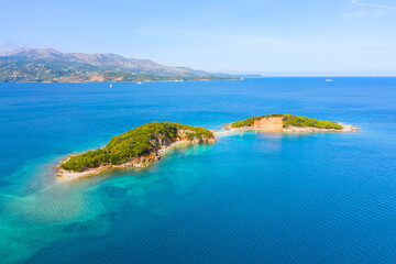 Fototapeta na wymiar Ksamil beaches. Four islands. The bay. The Tetran Archipelago. Ksamil. Albania. Drone shooting. Aerial photography