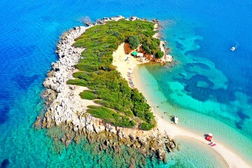 Ksamil beaches. Four islands. The bay. The Tetran Archipelago. Ksamil. Albania. Drone shooting. Aerial photography