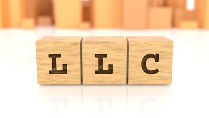 Word LLC chiselled on cube wood reflected on the bright surface. Business concept. In the back are wooden cuboids in various shapes. (3D rendering)