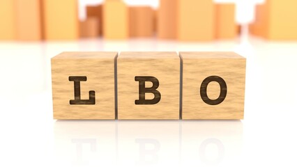 Word LBO branded on wooden cubes reflected on the shiny table. Business concept. In the back are wooden cuboids in various shapes. (3D rendering)