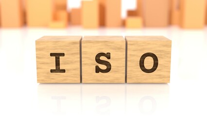 Word ISO branded on wooden cubes reflected on the bright table. Business concept. In the back are wooden cuboids in many different shapes. (3D rendering)