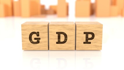 Letters GDP chiselled on cube wood reflected on the shiny surface. Business concept. In the back are wooden cuboids in many different shapes. (3D rendering)