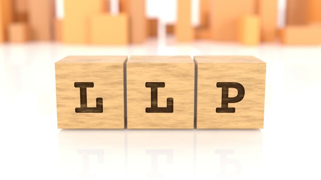 Word with the text LLP engraved on wooden cubes reflected on the beautiful surface. Business concept. In the back are wooden cuboids in different shapes. (3D rendering)