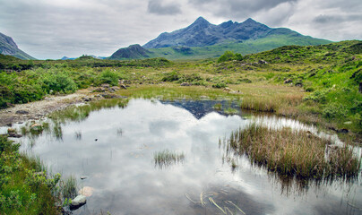 Black Cullin mountains,viewed from Sligachan brige,Isle of Skye,Scottish Highlands,Scotland,UK.