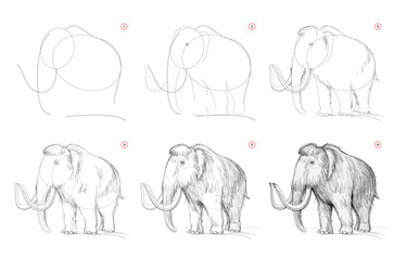 Page shows how to learn to draw sketch of mammoth. Creation step by step pencil drawing. Educational page for artists. Textbook for developing artistic skills. Online education. Vector image. - obrazy, fototapety, plakaty