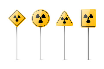 Vector Yellow Warning, Danger Radiation Sign Icon Set Isolated. Nuclear Power Station, Radioactive Warning Symbol. Rhombus, Circle, Triangle, Rectangle Dangerous Sign Collection. Design Template