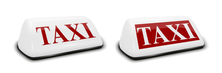 Vector 3d Realistic Taxi Car Roof Sign Icon Set Closeup Isolated. White and Red French Taxi Sign, Design Template for Taxi Service, Mockup. Half Turn, Front View