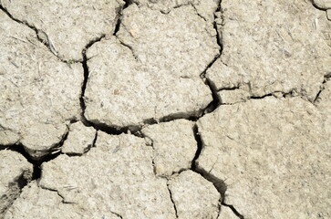 brown dry soil surface with cracks closeup, nature texture