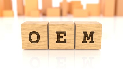 Word with the text OEM branded on wooden cube blocks reflected on the shiny surface. Business concept. In the back are wooden cuboids in many different shapes. (3D rendering)