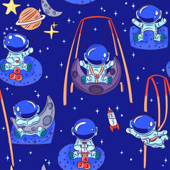 Cute Space cadets. Kid or Baby astronauts playing with space themed toys. Seamless pattern. Great forbids themed fabric, scrap-booking, gift-wrap, wallpaper, product design. Surface design. Vector