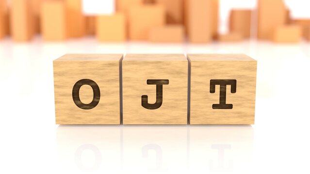 Letters OJT branded on wooden cube blocks reflected on the white table. Business concept. In the back are wooden cuboids in various shapes. (3D rendering)