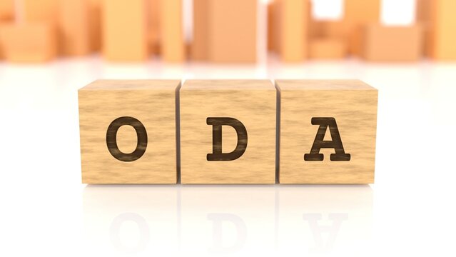 Letters ODA engraved on wooden cubes reflected on the bright surface. Business concept. In the back are wooden cuboids in various shapes. (3D rendering)