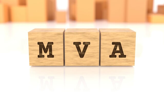Letters MVA chiselled on wooden blocks reflected on the shiny surface. Business concept. In the back are wooden cuboids in many different shapes. (3D rendering)