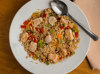 brown rice  with sauteed  peppers and chicken
