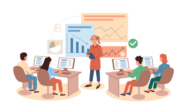 Work process concept. Woman next to graphs and diagrams gives instructions to her subordinates. Businesswoman makes presentation. Organization of effective workflow. Cartoon flat vector illustration