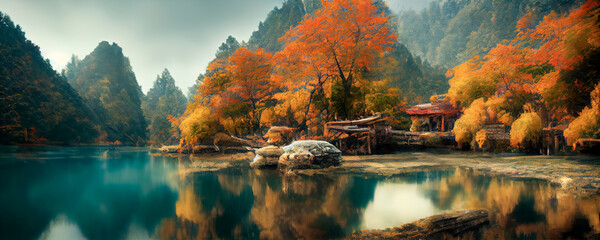Mysterious mountain lake with turquoise water in the autumn day. Zen lake. Beautiful reflection of...