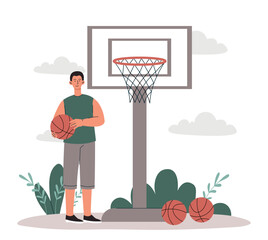 Fototapeta premium Basketball player concept. Man stands with orange and black ball in hands next to ring. Active lifestyle and sports, poster or banner for website. Hobby and leisure. Cartoon flat vector illustration