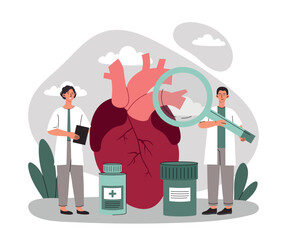 Cardiologist at work. Man and woman in medical coats examine heart with magnifying glass. Poster or banner for website. Health care and diagnosis, treatment. Cartoon flat vector illustration