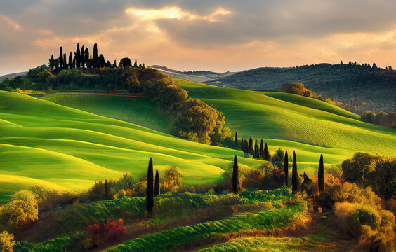 Beautiful and miraculous colors of green spring panorama landscape of Tuscany, Italy. Tuscany landscape with grain fields, cypress trees and houses on the hills at sunset.	