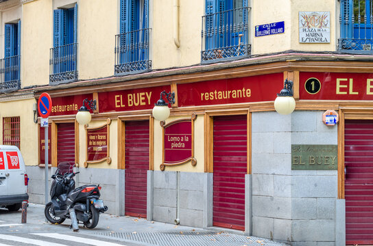 MADRID, SPAIN - OCTOBER 4, 2021: Facade of El Buey restaurant in Madrid, Spain