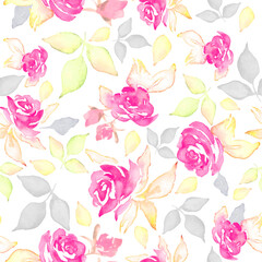 Watercolor beautiful seamless pattern with pink roses, leaves. Hand drawn floral illustration isolated on white background. For packaging, wallpaper, wrapping  design or print