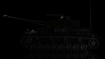 Metallic deep green military tank on black lighting background. Concept image of power strength, dynamic strategy and strong system. 3D illustration. 3D high quality rendering.  